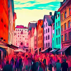 Create a unique and vibrant street scene in the heart of Oslo, Norway, featuring colorful buildings and bustling crowds of people.. Image 1 of 4