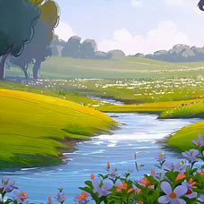 Illustrate a peaceful meadow with a sparkling stream surrounded by fields of spring flowers.