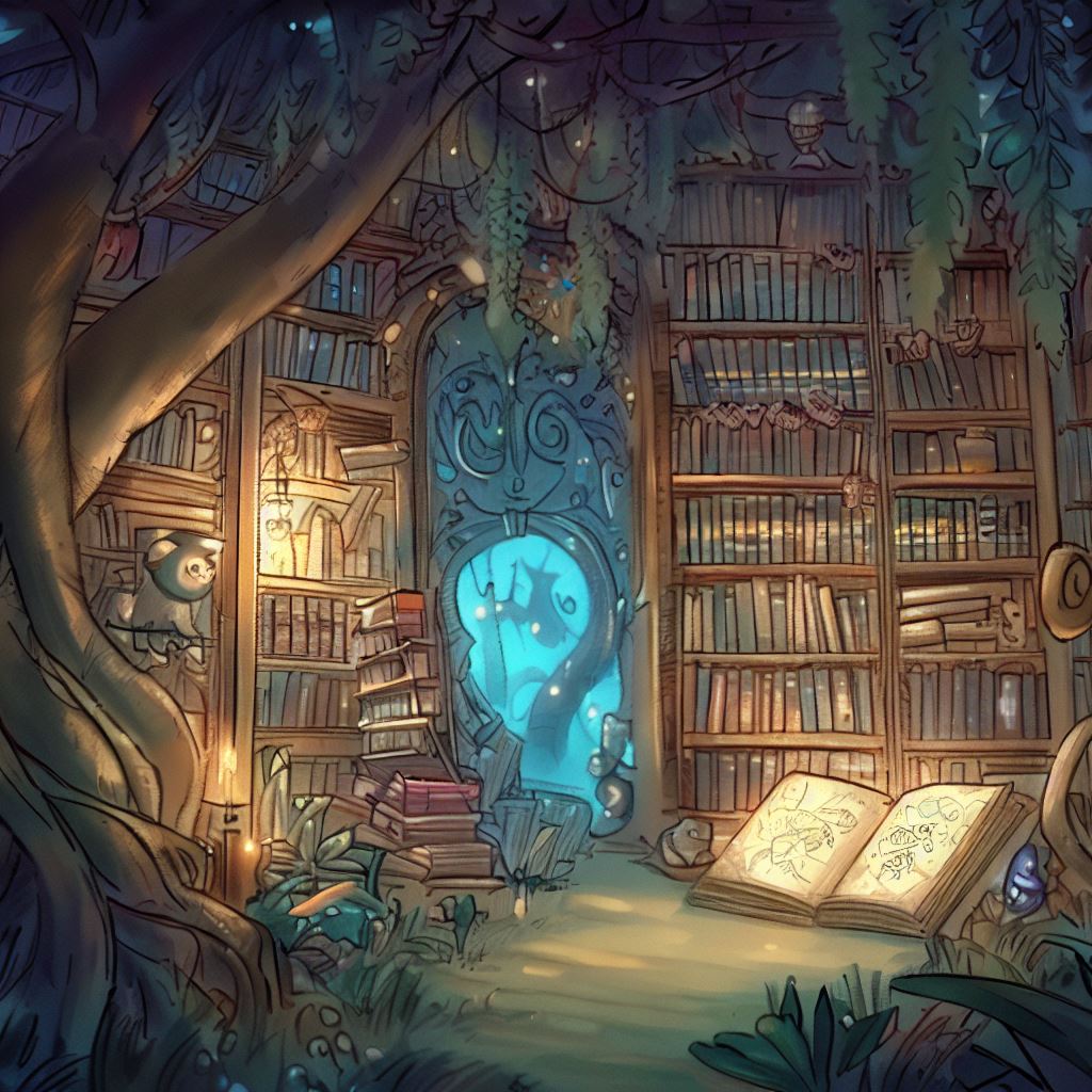 Draw a beautiful and fairy-tale-like library hidden within a forest, filled with magical creatures, ancient books, and secret passages.
