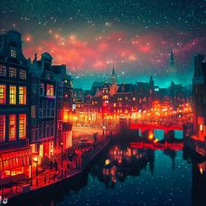 Imagine a sprawling scene of Amsterdam at night, with bustling streets, flickering streetlights, and the famous red light district aglow under the stars.