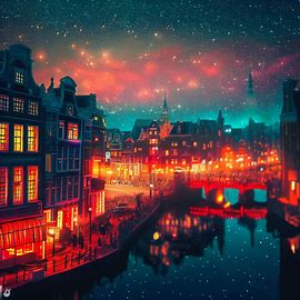Imagine a sprawling scene of Amsterdam at night, with bustling streets, flickering streetlights, and the famous red light district aglow under the stars.. Image 1 of 4