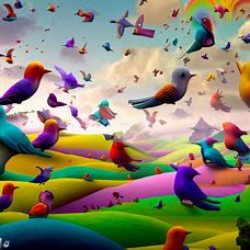 Create a surreal landscape filled with colorful and whimsical birds.