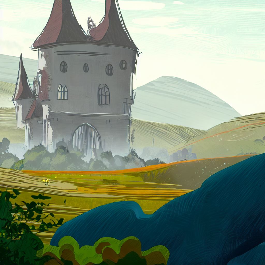 Create a whimsical illustration of a magical castle hidden in a beautiful countryside landscape
