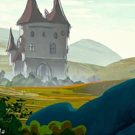 Create a whimsical illustration of a magical castle hidden in a beautiful countryside landscape. Image 1 of 4