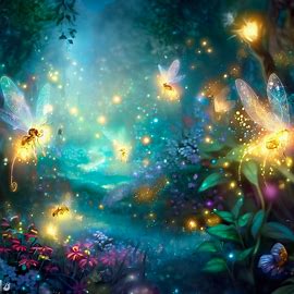 An enchanted garden filled with glowing fairies, sparkling fireflies and buzzing bees. Image 4 of 4