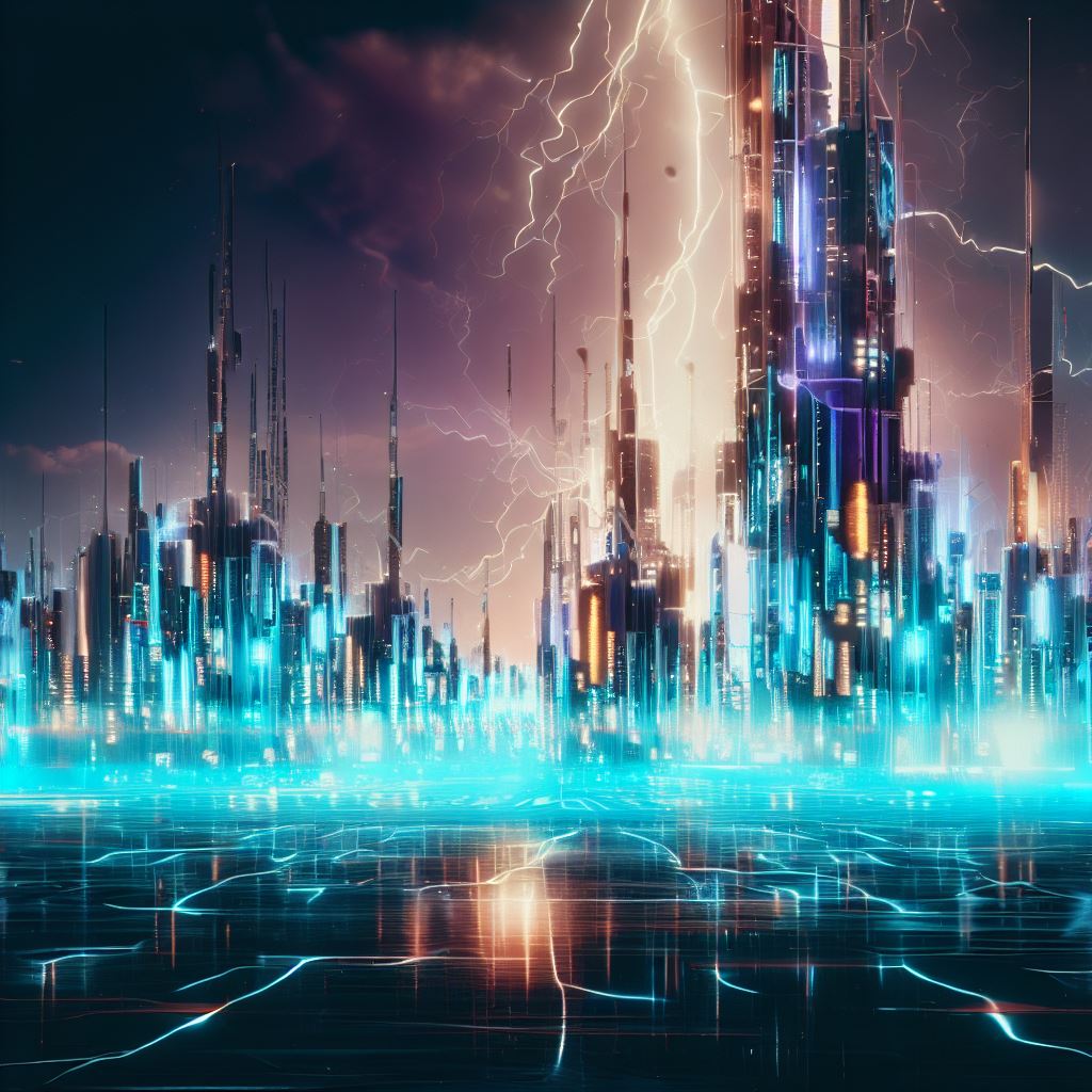 Imagine a futuristic cityscape powered by electricity, what does it look like?。第 4 个图像，共 4 个图像