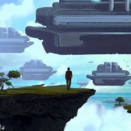 Design a dreamlike landscape with floating islands, each powered by a massive PC.. Image 2 of 4