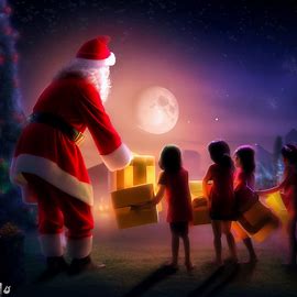Create an image of Santa Claus delivering presents to children on Christmas Eve.. Image 3 of 4
