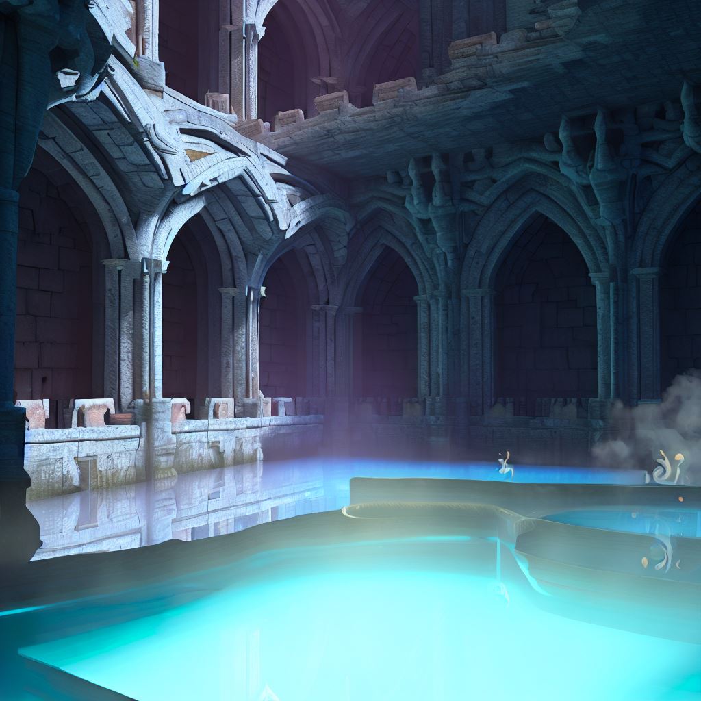 Generate a whimsical and fantastical pool in a castle or other mystical setting