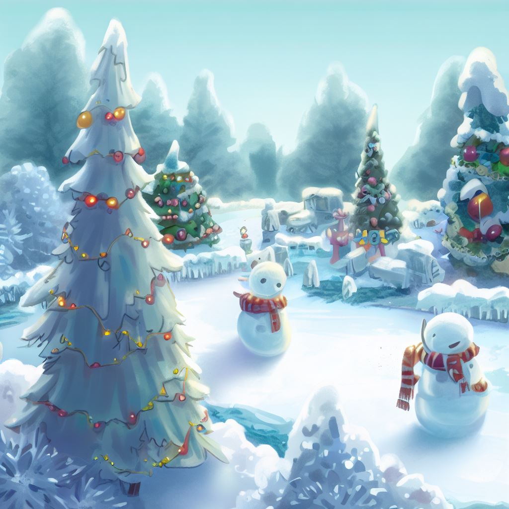 Illustrate a picturesque winter wonderland with homemade decorated Christmas trees and ice sculpture (Maybe snow people)