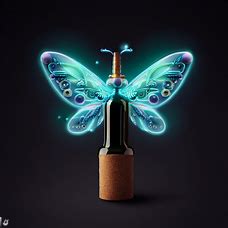Visualize a wine bottle transformed into a magical beetle, with the label as its wings and the cork as its body.