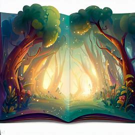 Create an enchanting, whimsical illustration of an enchanted forest inside a booklet.. Image 2 of 4