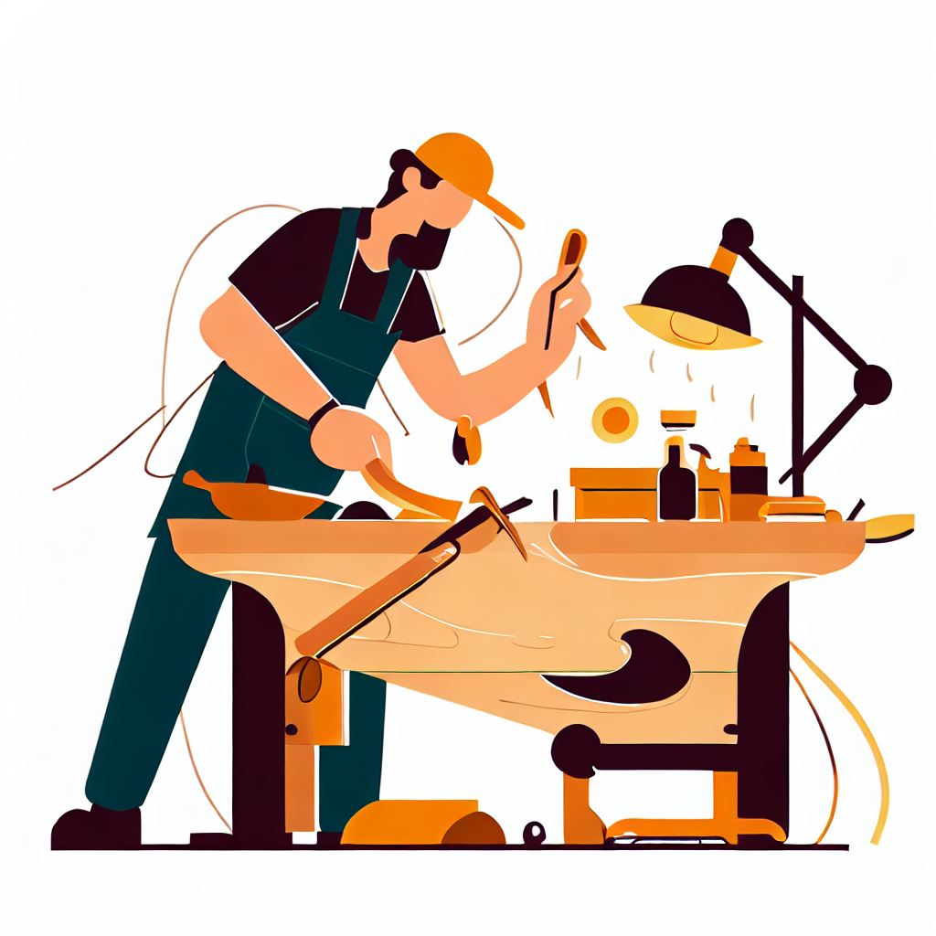 Illustrate a carpenter creating a unique piece of furniture with their tools.