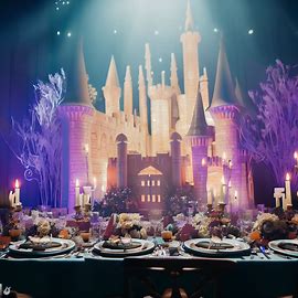Create an image of a magical castle-themed dinner celebration. Image 4 of 4