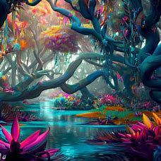 Create a surreal, otherworldly mangrove forest with vibrant flora and fauna.