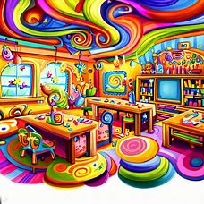 Draw a whimsical illustration of a colorful, imaginative kindergarten classroom.