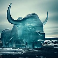 A buffalo carved from a giant block of ice in the middle of an arctic wasteland.