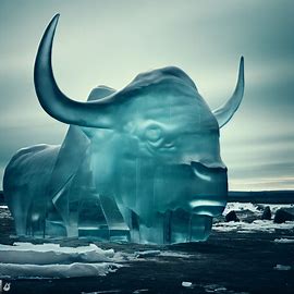 A buffalo carved from a giant block of ice in the middle of an arctic wasteland.. Image 1 of 4