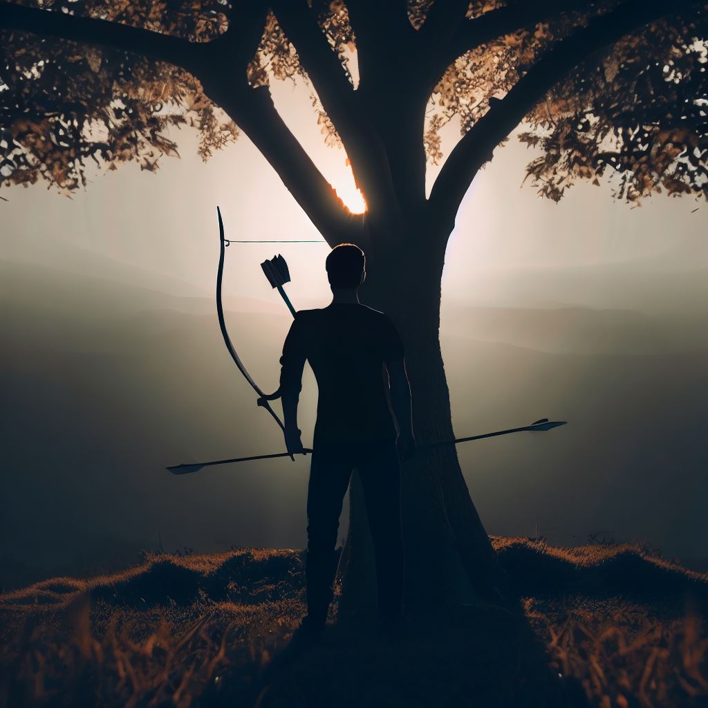 A person standing under a tree with a bow and arrow, shooting at a bullseye