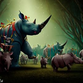 Create an image of a whimsical rhinoceros parade that takes place in the forest. Image 3 of 4