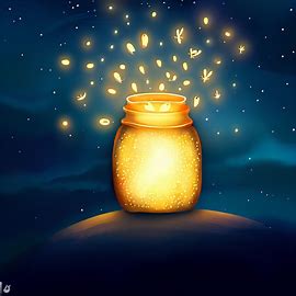 Create a whimsical and magical illustration of a jar filled with fireflies floating in a night sky.. Image 2 of 4