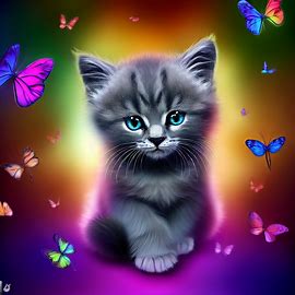 Create an image of a kitten surrounded by a rainbow of butterflies. Image 3 of 4