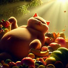 Create a surreal scene where a giant, jolly, oversize cat basks in a warm sunbeam surrounded by heaps of plump, juicy fruits.