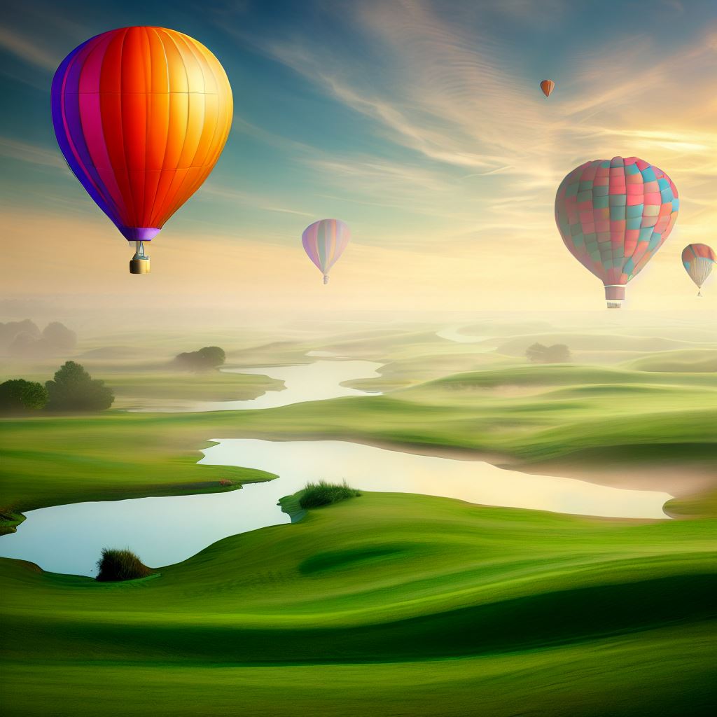 Imagine a colorful hot air balloon floating over a serene golf course dotted with water hazards.。第 4 个图像，共 4 个图像