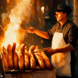 Paint a picture of a street vendor selling hot, fresh baguettes.. Image 2 of 4
