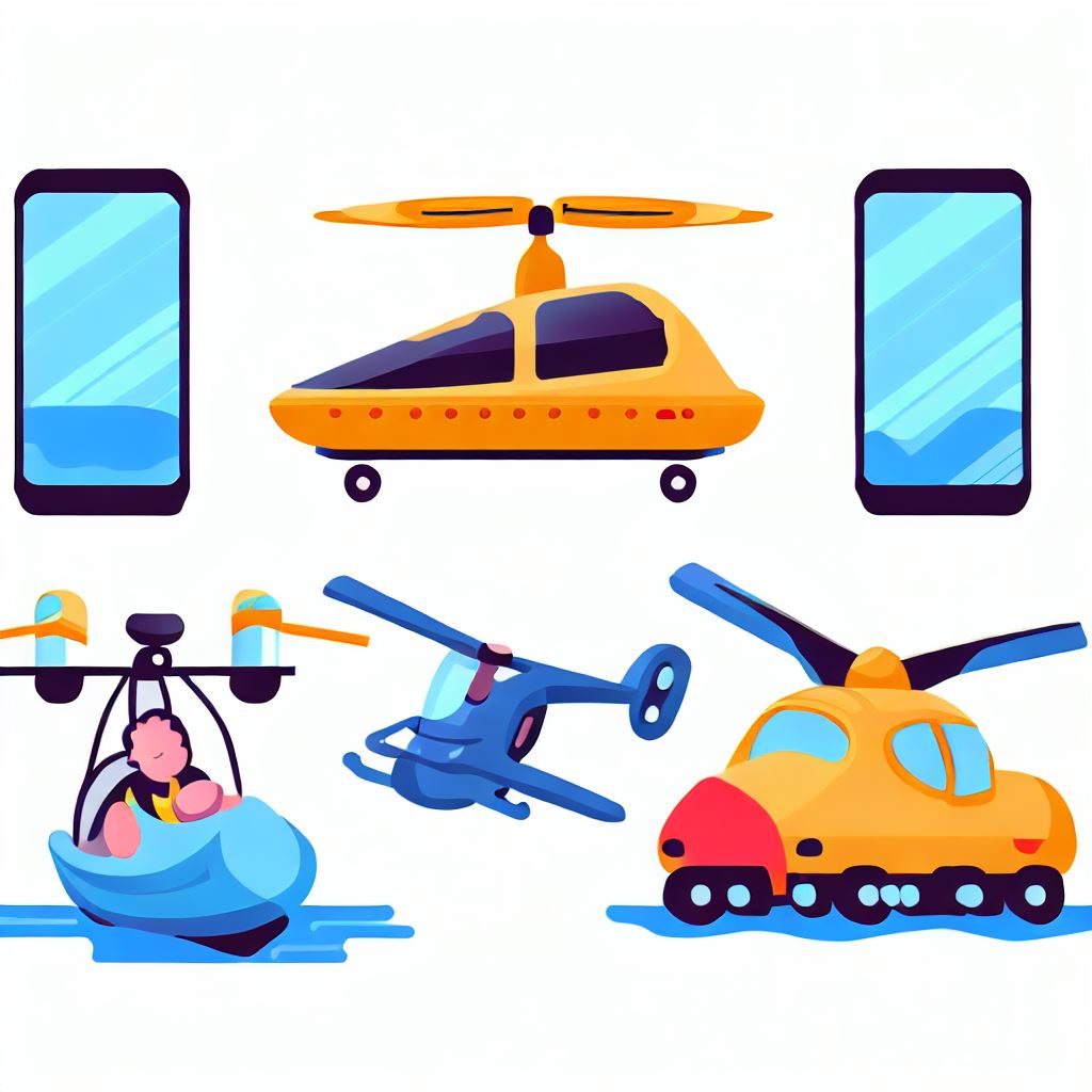 Illustrate a family of phones that transforms into helicopters, cars, and boats to perform various tasks.
