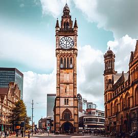 An old manchester clock tower standing tall and proud in the center of the bustling city. Image 1 of 4