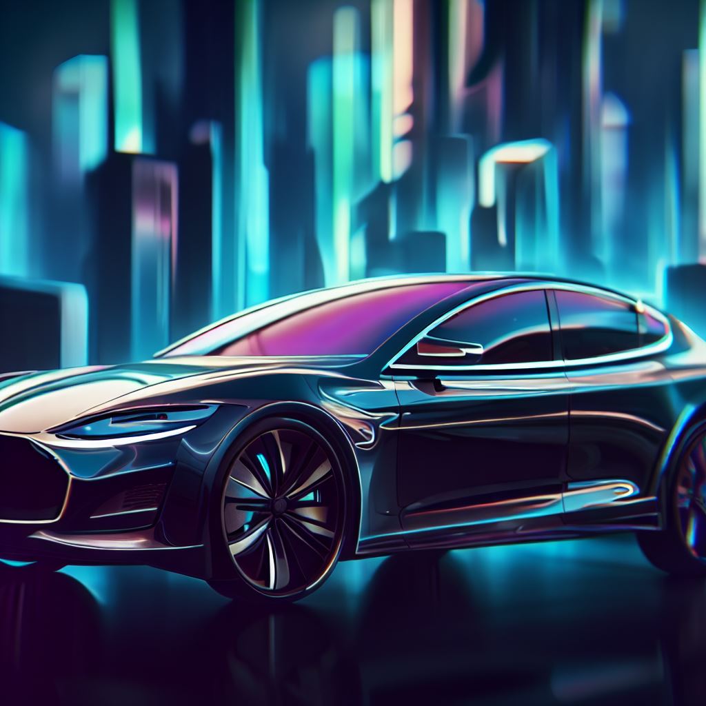 Imagine a stylized version of the Tesla Model S, with elegant curves and sleek lines, set in a futuristic cityscape.。第 2 个图像，共 4 个图像