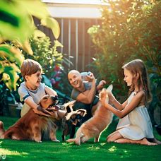 Picture a family playing with their pets in a backyard garden.