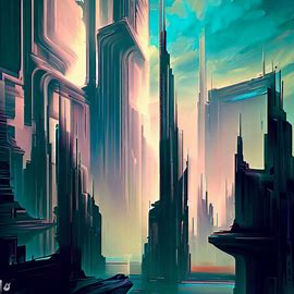 Illustrate a surrealist cityscape with towering skyscrapers and a futuristic feel.. Image 4 of 4