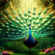 Imagine a peacock with its feathers spread, standing in the center of a beautiful, lush garden.
