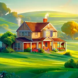 Create a stunning 3D illustration of a warm and inviting farmhouse surrounded by lush green fields and rolling hills.. Image 2 of 4