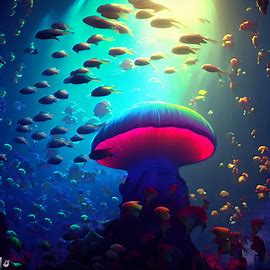 Generate an underwater scene with a shoal of vibrant-colored fish swimming around an enormous, glowing mushroom.. Image 3 of 4