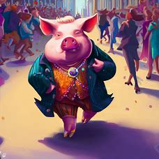 Imagine a pig dressed up in fancy clothes causing a commotion in a crowded city street, create a playful illustration of this witty pig as he/she walks down the street.