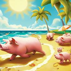 Imagine a world where pigs have their own summer resort by the beach, create a whimsical illustration of pigs frolicking on the beach and having fun in the sun.