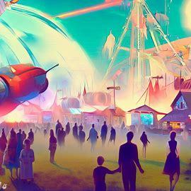 Mix the tradition of a quaint countryside fair with the excitement of a futuristic theme park and capture it all in a single, surreal illustration.. Image 4 of 4