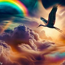 Create a surreal image of a crane flying in the clouds with a rainbow in the background.