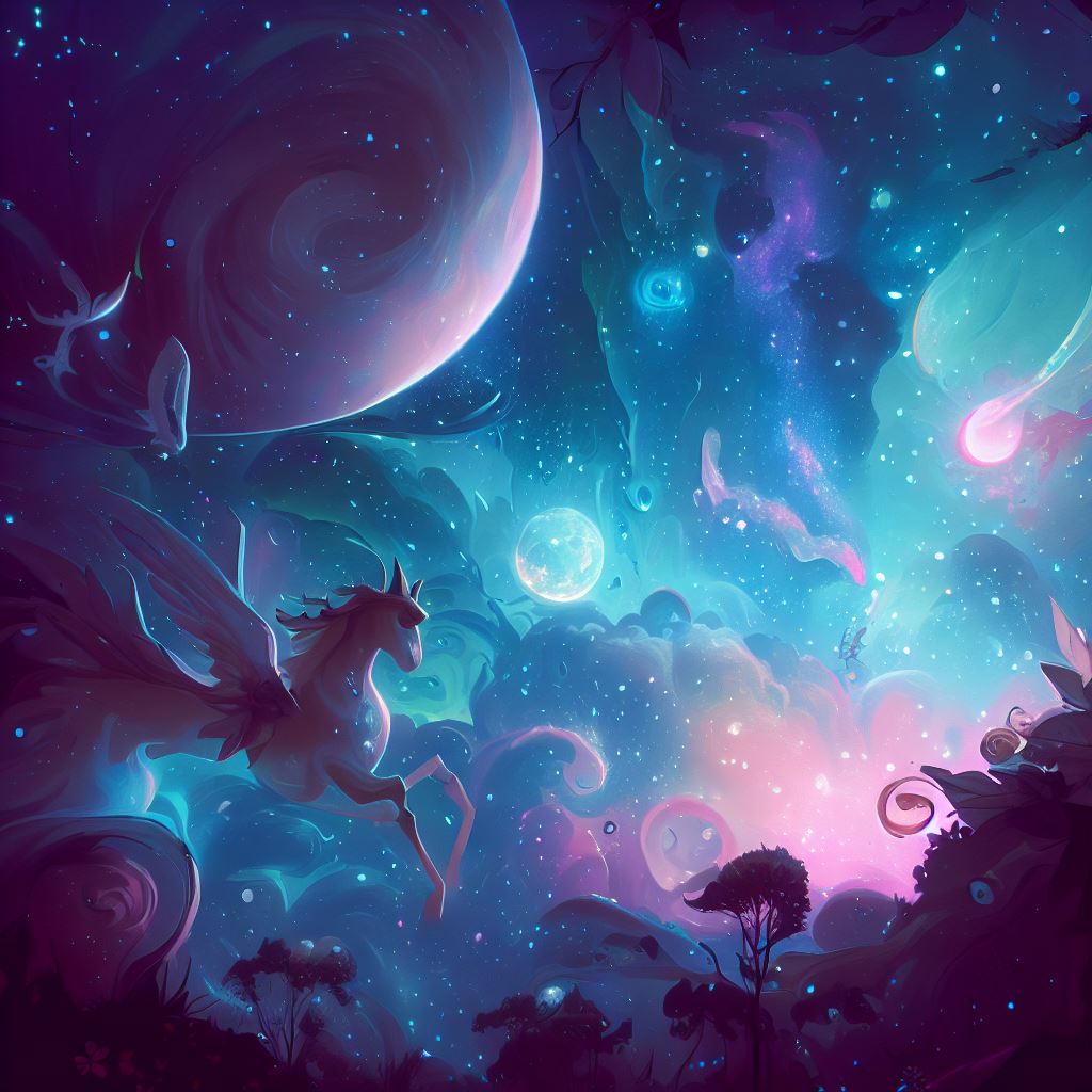 Illustrate a magical view of the universe, where mythical creatures and celestial bodies coexist in harmony.