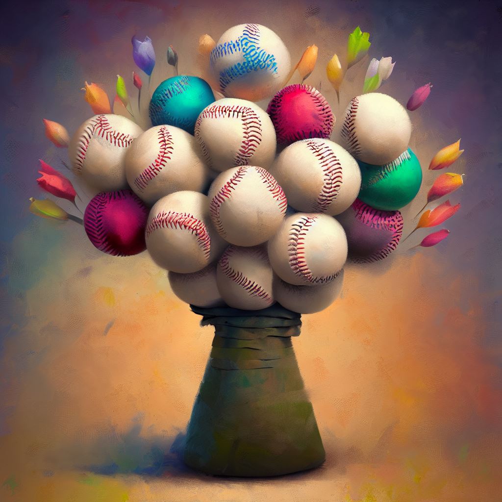 Create an imaginative still life painting featuring a bundle of softballs arranged in the shape of a bouquet of flowers.