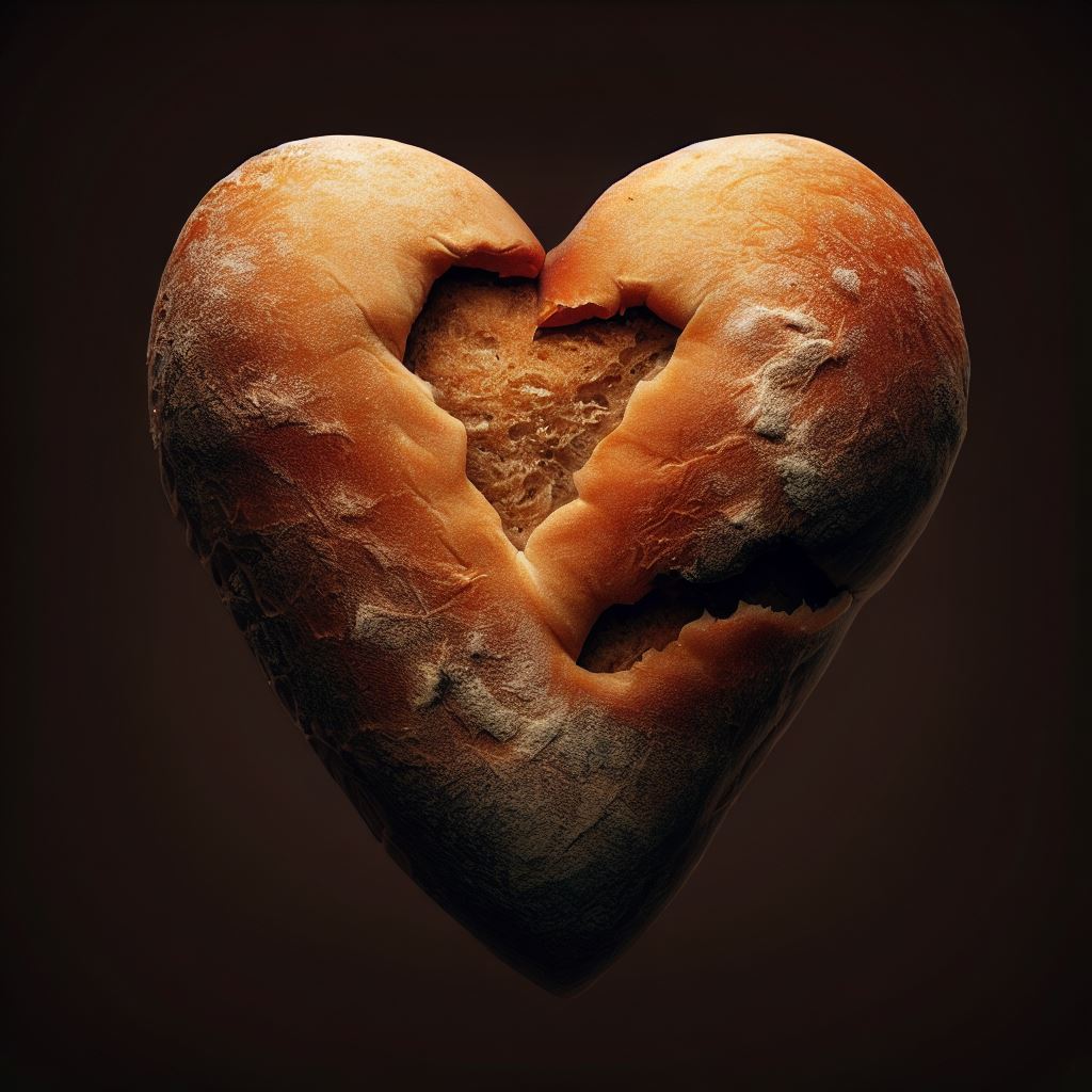 Create an image of a loaf of bread that's been baked into the shape of a heart.