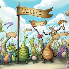Design a whimsical scene featuring a parade of creatures all holding signs that say "Welcome.