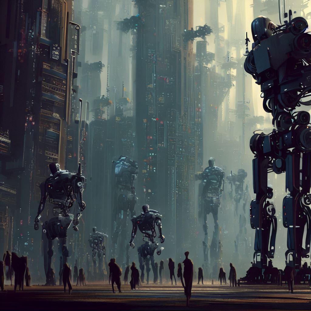 Think of a city that has been taken over by robots, with towering metal structures replacing bustling streets and bustling crowds with robots going about their business.。第 2 个图像，共 4 个图像