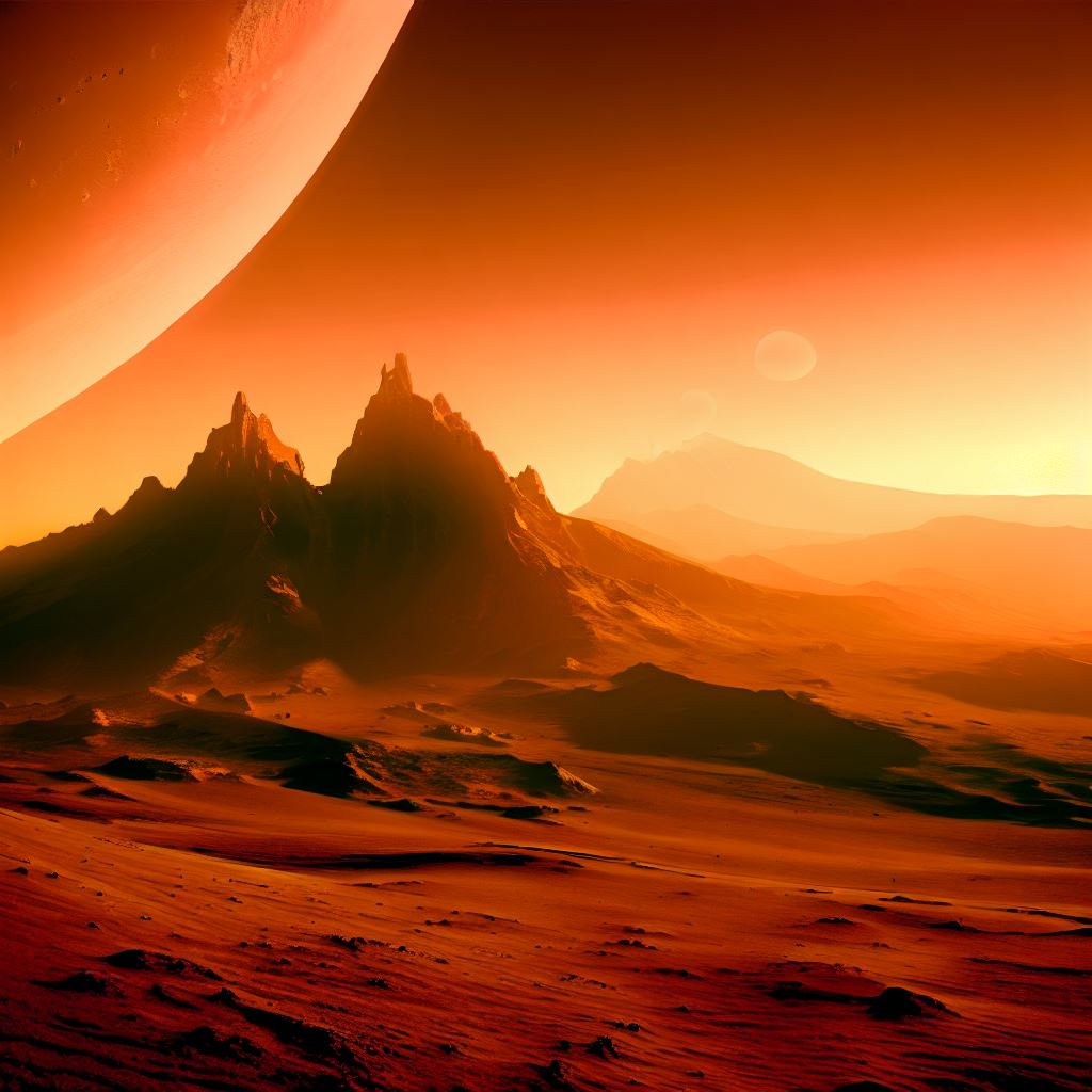 Visualize a sunset on Mars, casting warm orange and red light upon towering volcanic peaks and sprawling Martian valleys.