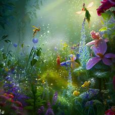 Create an image of a magical garden filled with vibrant herbs, fairies, and glistening dew.