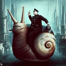Create a surrealist image of Mussolini riding a giant snail through a futuristic city.