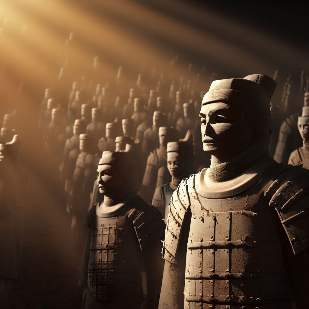 Create an image of a massive terracotta army rising from the ground, their weapons and armor gleaming in the sunlight.。第 3 个图像，共 4 个图像